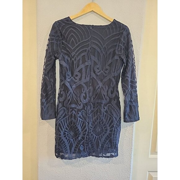 Sheilay Womens Navy Blue Embroidered Long‎ Sleeve V Neck Bodycon Dress Sz M - Picture 5 of 6
